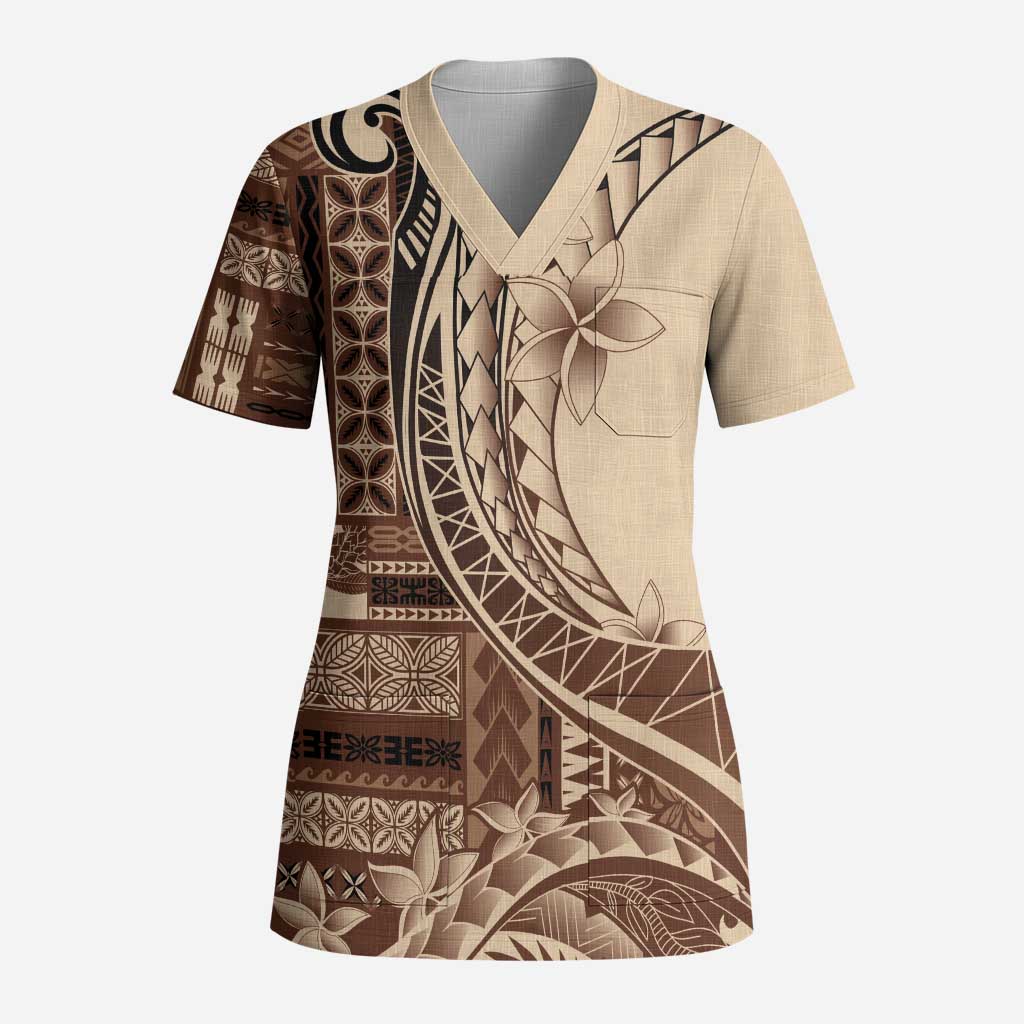Samoa Siapo Mamanu Scrub Top Plumeria Mocha Motifs - Polynesian Pride