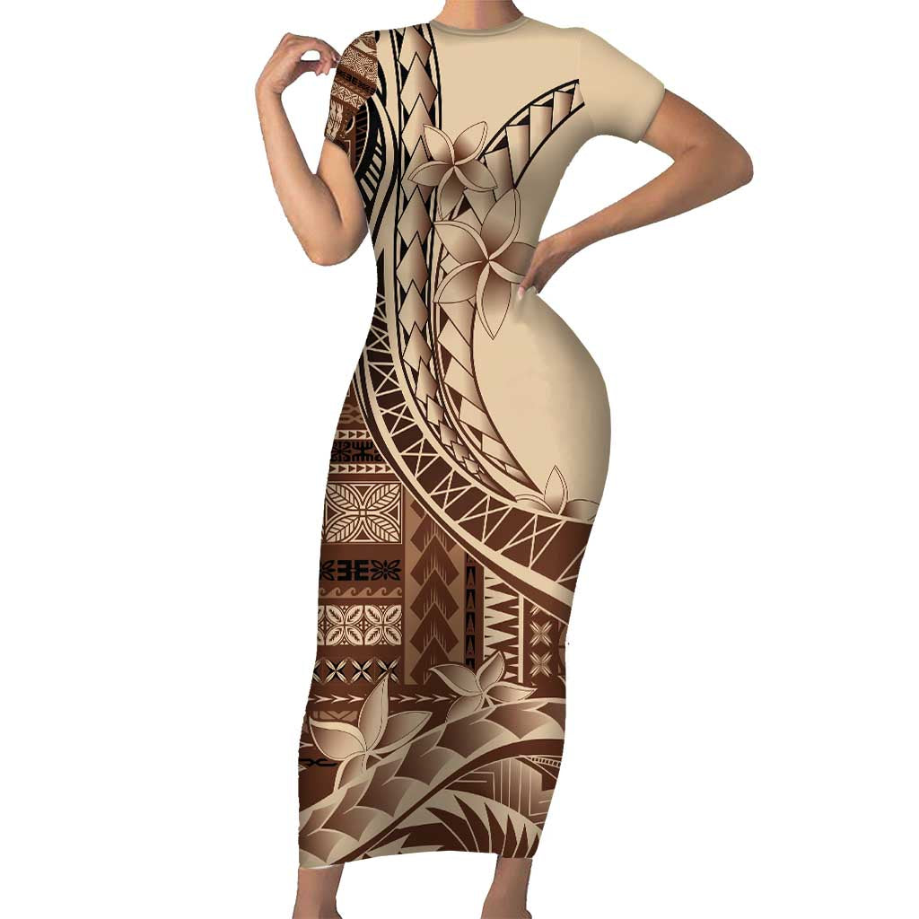 Samoa Siapo Mamanu Short Sleeve Bodycon Dress Plumeria Mocha Motifs