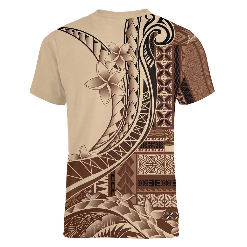 Samoa Siapo Mamanu Women V-Neck T-Shirt Plumeria Mocha Motifs