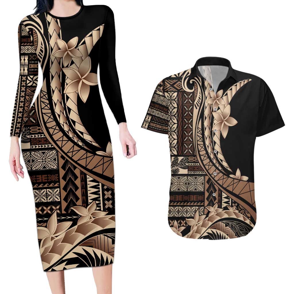 Samoa Siapo Mamanu Couples Matching Long Sleeve Bodycon Dress and Hawaiian Shirt Plumeria Black Motifs