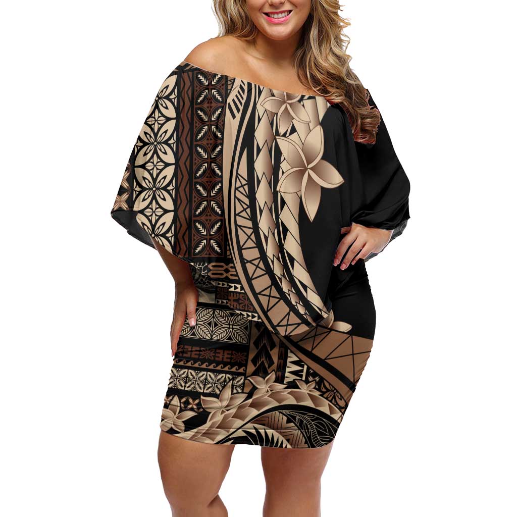Samoa Siapo Mamanu Off Shoulder Short Dress Plumeria Black Motifs LT7 Women Black - Polynesian Pride
