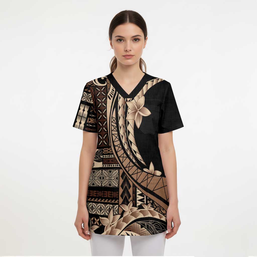 Samoa Siapo Mamanu Scrub Top Plumeria Black Motifs - Polynesian Pride