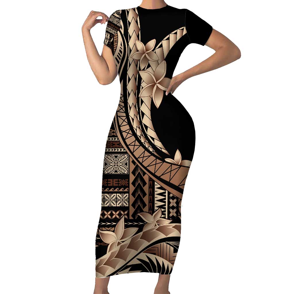 Samoa Siapo Mamanu Short Sleeve Bodycon Dress Plumeria Black Motifs