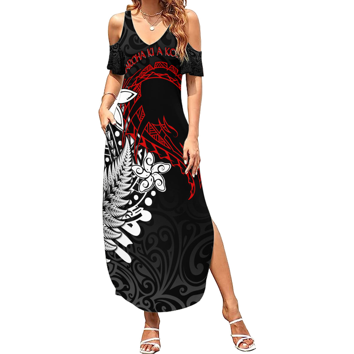 Valentine New Zealand Family Matching Summer Maxi Dress and Hawaiian Shirt Aotearoa Couple Maori Aroha Ki a Koe LT7 Mom's Dress Black - Polynesian Pride