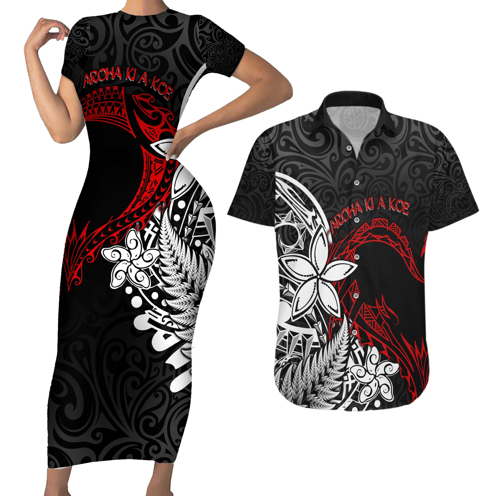 New Zealand Aotearoa Valentine Couples Matching Short Sleeve Bodycon Dress and Hawaiian Shirt Couple Maori Aroha Ki a Koe Ver.02 LT7 Black - Polynesian Pride