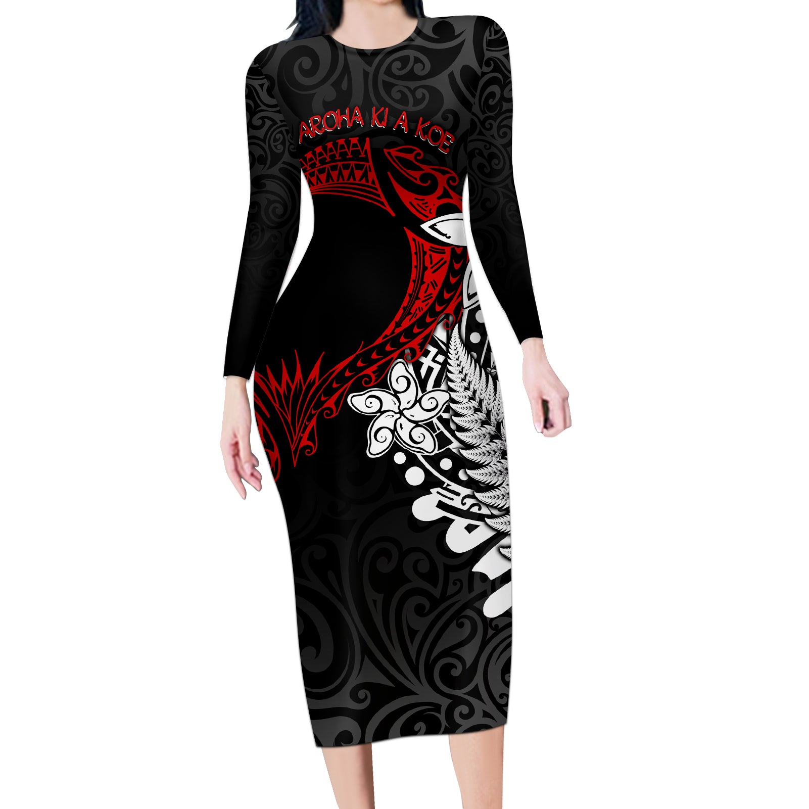 New Zealand Aotearoa Valentine Long Sleeve Bodycon Dress Couple Maori Aroha Ki a Koe Ver.02 LT7 Long Dress Black - Polynesian Pride