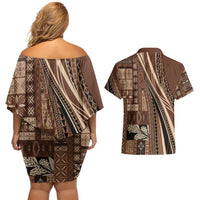 Pasifika Women's Day - Samoa Siapo Malu Tattoo Inspired Couples Matching Off Shoulder Short Dress and Hawaiian Shirt Brown