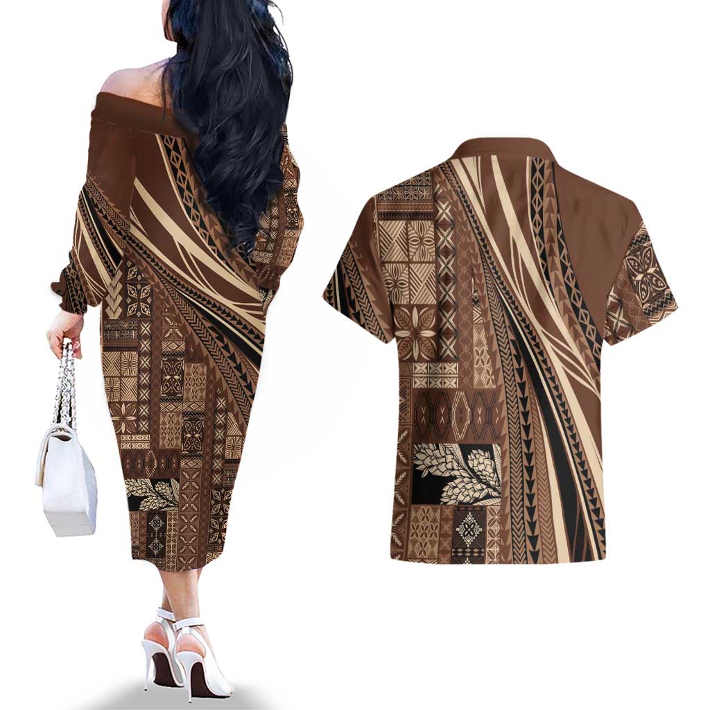 Pasifika Women's Day - Samoa Siapo Malu Tattoo Inspired Couples Matching Off The Shoulder Long Sleeve Dress and Hawaiian Shirt Brown LT7 - Polynesian Pride