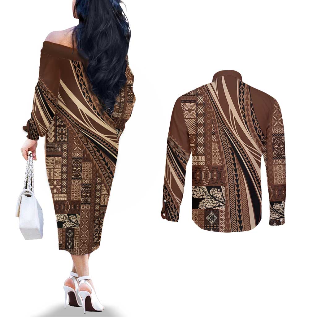 Pasifika Women's Day - Samoa Siapo Malu Tattoo Inspired Couples Matching Off The Shoulder Long Sleeve Dress and Long Sleeve Button Shirt Brown