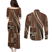 Pasifika Women's Day - Samoa Siapo Malu Tattoo Inspired Couples Matching Puletasi and Long Sleeve Button Shirt Brown