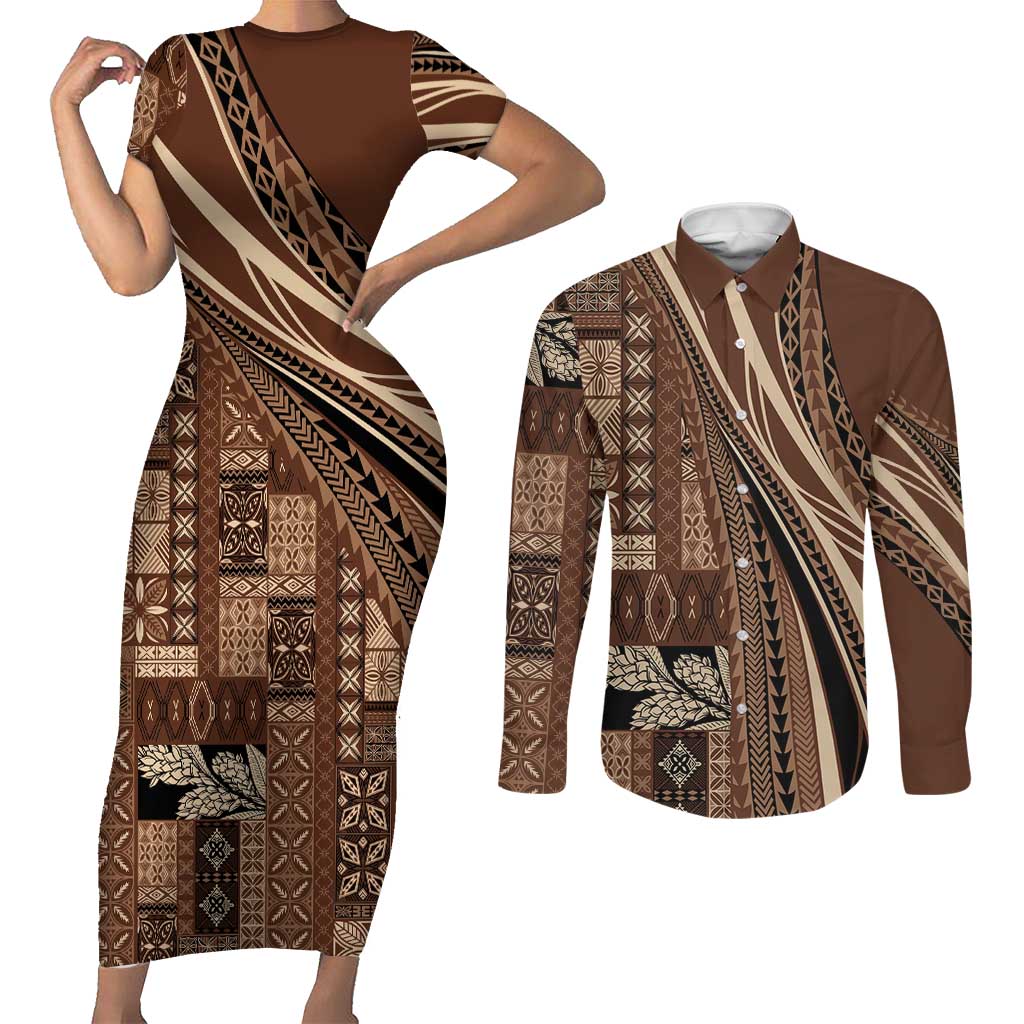 Pasifika Women's Day - Samoa Siapo Malu Tattoo Inspired Couples Matching Short Sleeve Bodycon Dress and Long Sleeve Button Shirt Brown