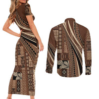 Pasifika Women's Day - Samoa Siapo Malu Tattoo Inspired Couples Matching Short Sleeve Bodycon Dress and Long Sleeve Button Shirt Brown