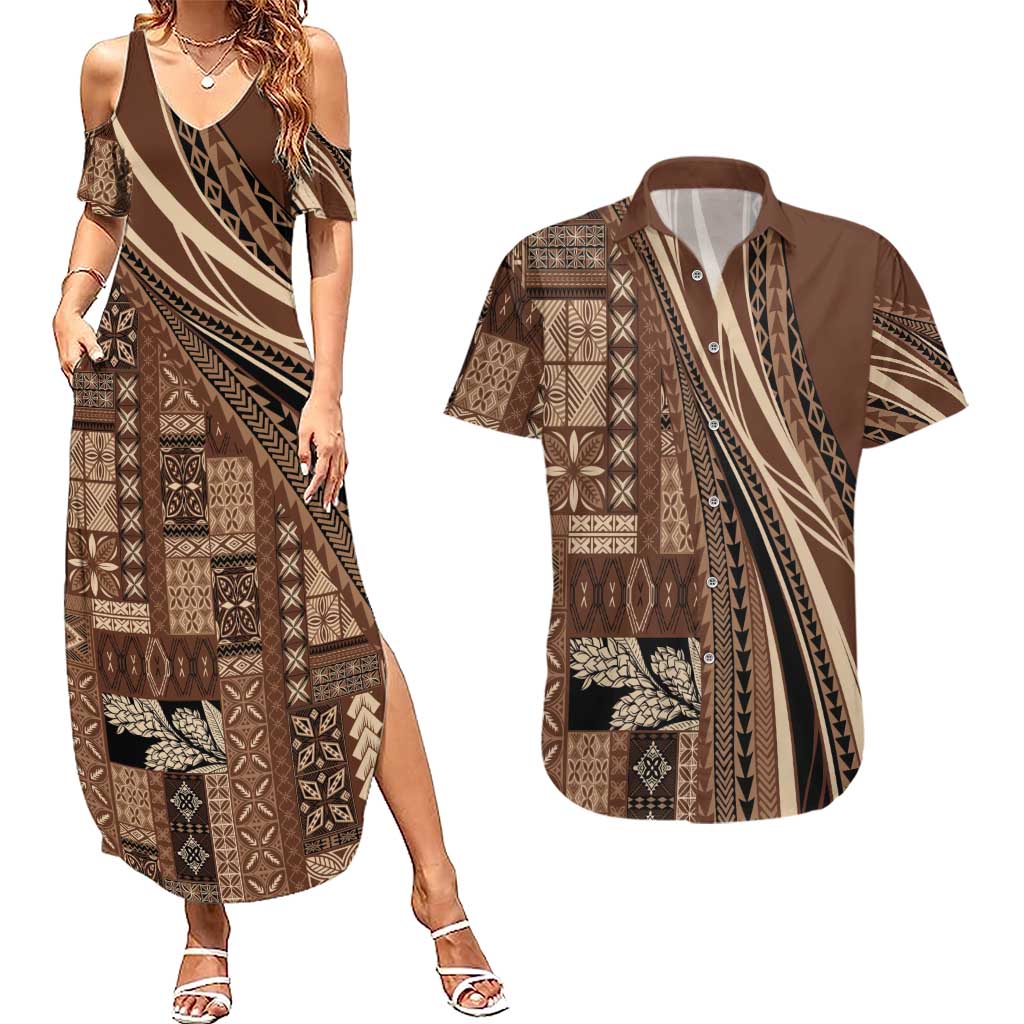 Pasifika Women's Day - Samoa Siapo Malu Tattoo Inspired Couples Matching Summer Maxi Dress and Hawaiian Shirt Brown
