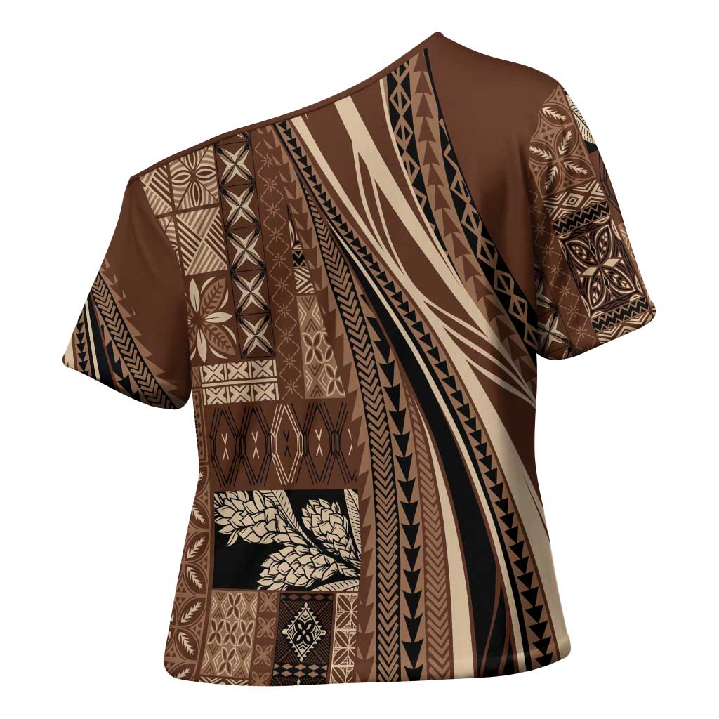 Pasifika Women's Day - Samoa Siapo Malu Tattoo Inspired Cross Shoulder Shirt Brown