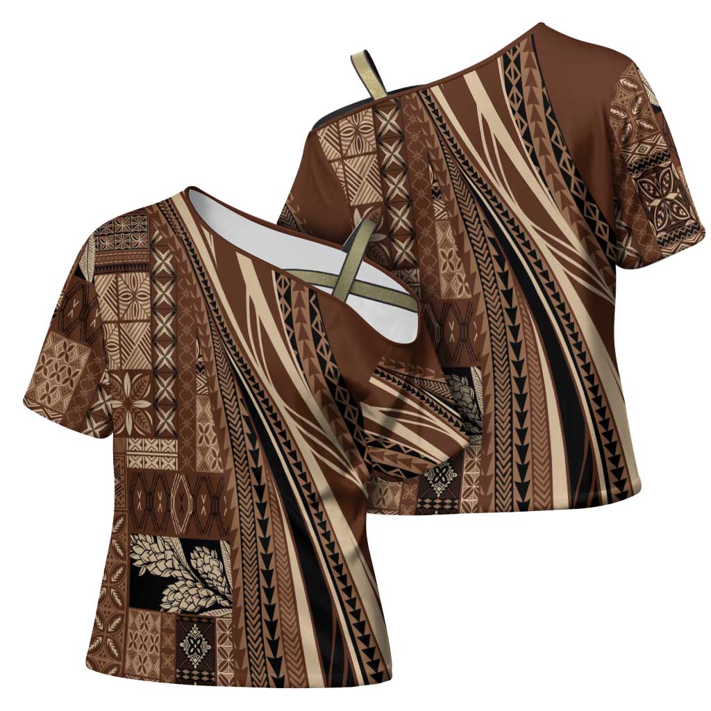 Pasifika Women's Day - Samoa Siapo Malu Tattoo Inspired Cross Shoulder Shirt Brown