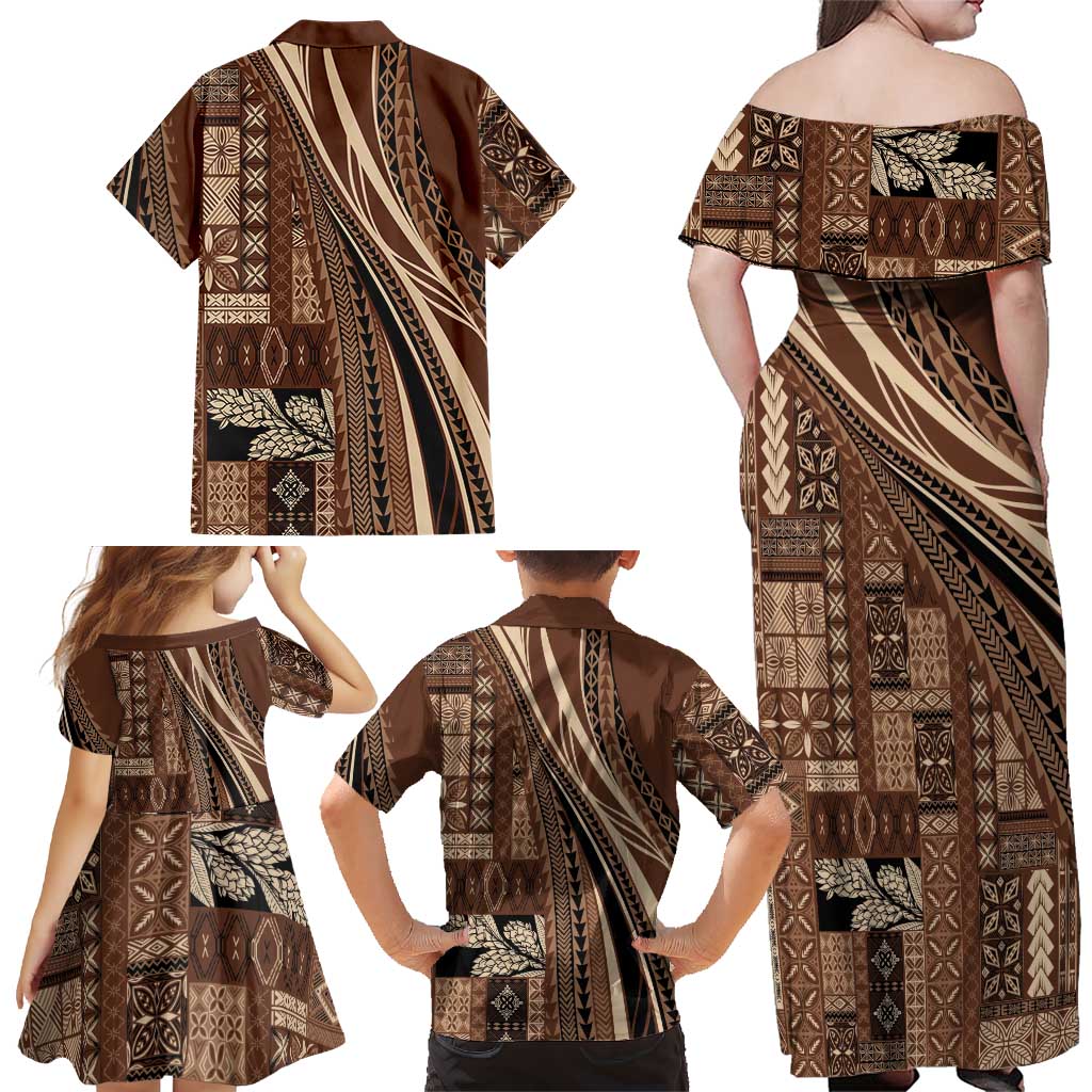 Pasifika Women's Day - Samoa Siapo Malu Tattoo Inspired Family Matching Off Shoulder Maxi Dress and Hawaiian Shirt Brown LT7 - Polynesian Pride