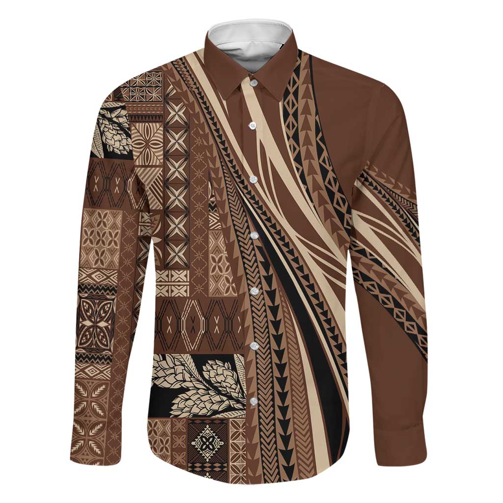Pasifika Women's Day - Samoa Siapo Malu Tattoo Inspired Family Matching Off Shoulder Maxi Dress and Hawaiian Shirt Brown LT7 Dad's Shirt - Long Sleeve Brown - Polynesian Pride