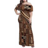Pasifika Women's Day - Samoa Siapo Malu Tattoo Inspired Family Matching Off Shoulder Maxi Dress and Hawaiian Shirt Brown LT7 Mom's Dress Brown - Polynesian Pride