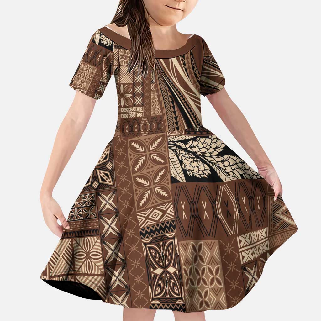 Pasifika Women's Day - Samoa Siapo Malu Tattoo Inspired Family Matching Off Shoulder Short Dress and Hawaiian Shirt Brown LT7 Daughter's Dress Brown - Polynesian Pride