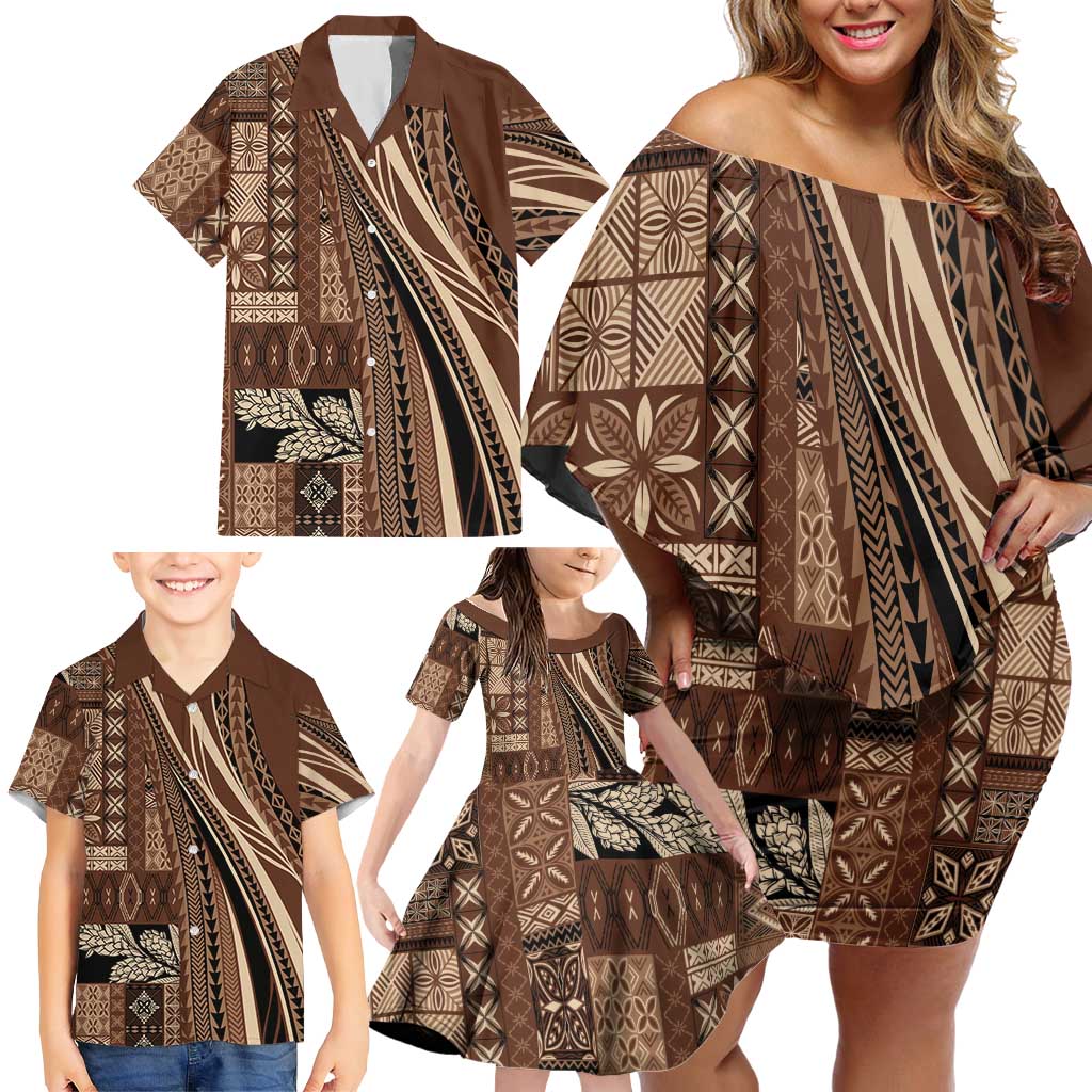 Pasifika Women's Day - Samoa Siapo Malu Tattoo Inspired Family Matching Off Shoulder Short Dress and Hawaiian Shirt Brown LT7 - Polynesian Pride