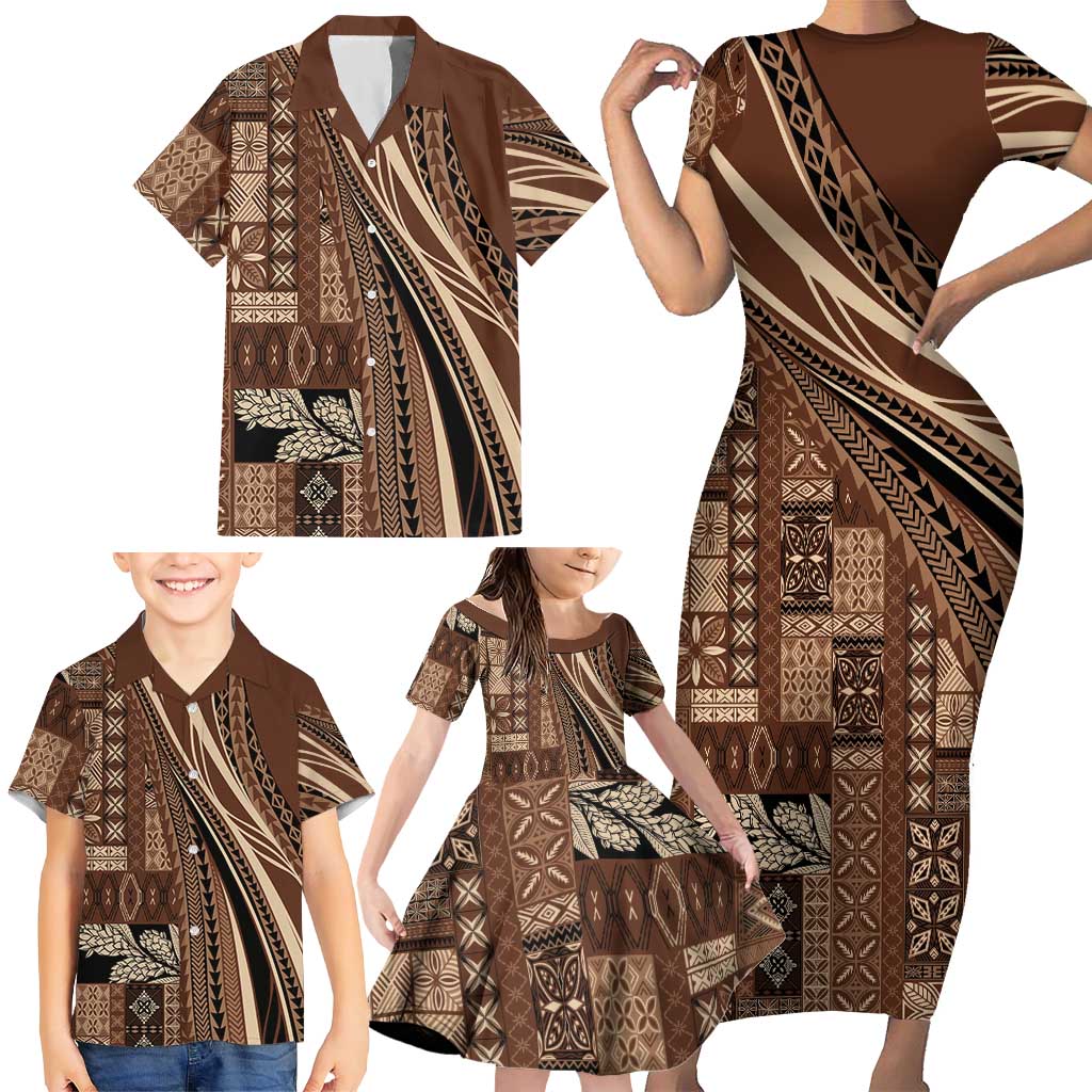 Pasifika Women's Day - Samoa Siapo Malu Tattoo Inspired Family Matching Short Sleeve Bodycon Dress and Hawaiian Shirt Brown LT7 - Polynesian Pride