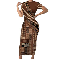 Pasifika Women's Day - Samoa Siapo Malu Tattoo Inspired Family Matching Short Sleeve Bodycon Dress and Hawaiian Shirt Brown LT7 Mom's Dress Brown - Polynesian Pride