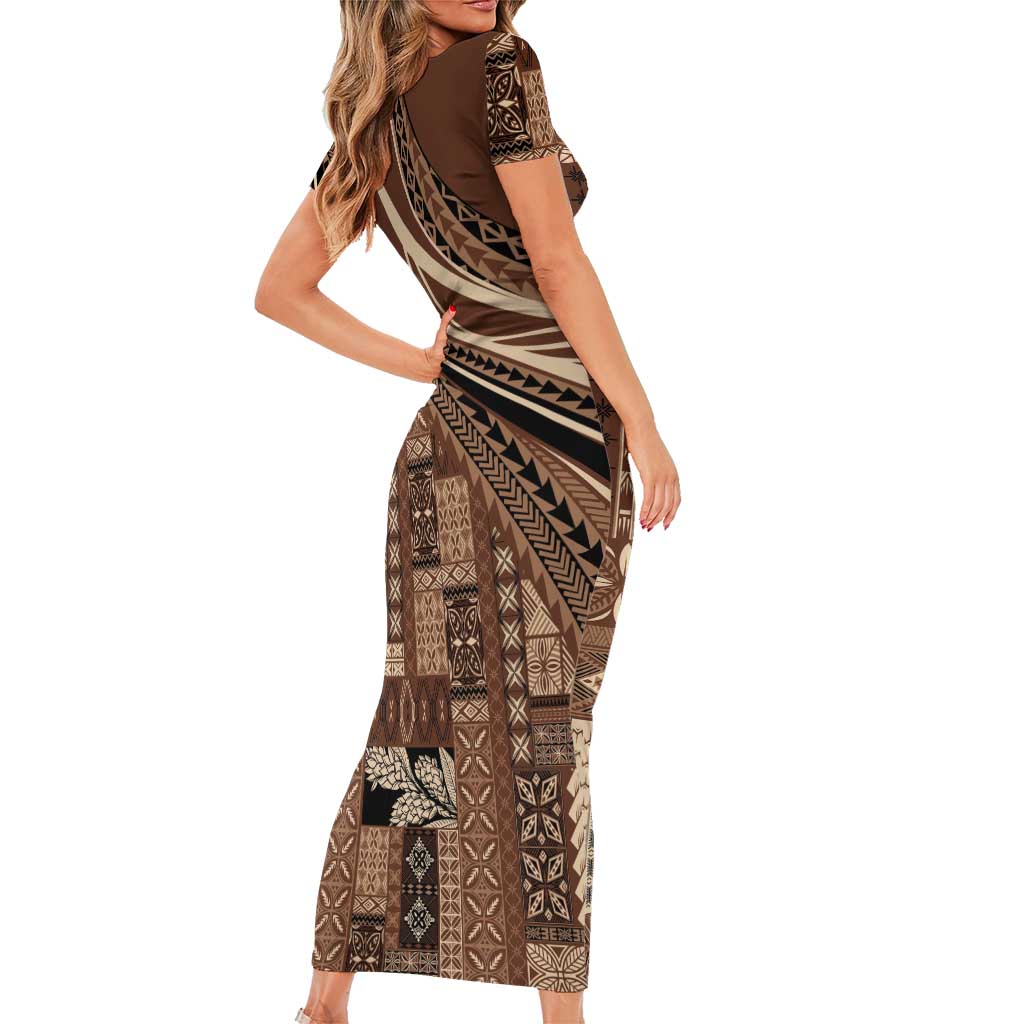Pasifika Women's Day - Samoa Siapo Malu Tattoo Inspired Family Matching Short Sleeve Bodycon Dress and Hawaiian Shirt Brown LT7 - Polynesian Pride