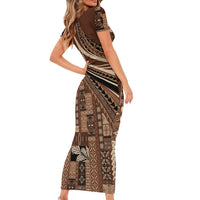 Pasifika Women's Day - Samoa Siapo Malu Tattoo Inspired Family Matching Short Sleeve Bodycon Dress and Hawaiian Shirt Brown LT7 - Polynesian Pride