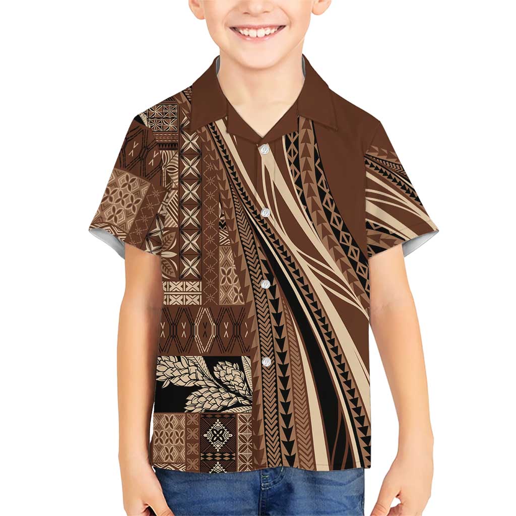 Pasifika Women's Day - Samoa Siapo Malu Tattoo Inspired Family Matching Short Sleeve Bodycon Dress and Hawaiian Shirt Brown LT7 Son's Shirt Brown - Polynesian Pride