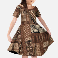 Pasifika Women's Day - Samoa Siapo Malu Tattoo Inspired Family Matching Summer Maxi Dress and Hawaiian Shirt Brown LT7 Daughter's Dress Brown - Polynesian Pride