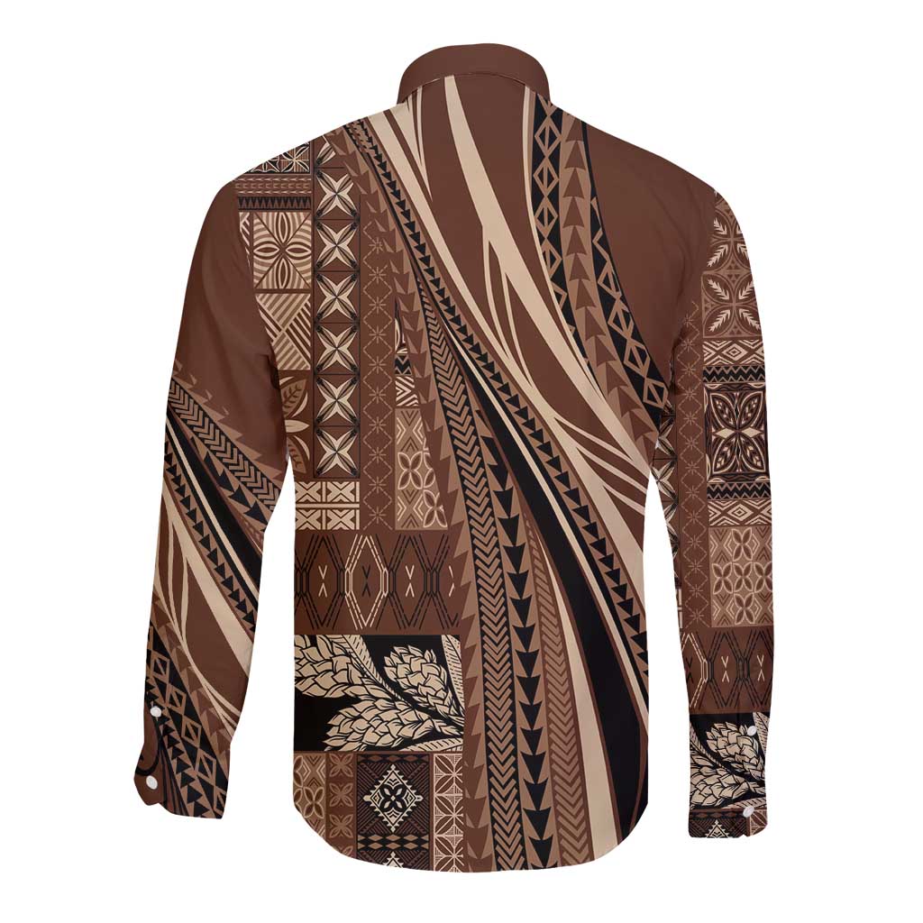Pasifika Women's Day - Samoa Siapo Malu Tattoo Inspired Long Sleeve Button Shirt Brown