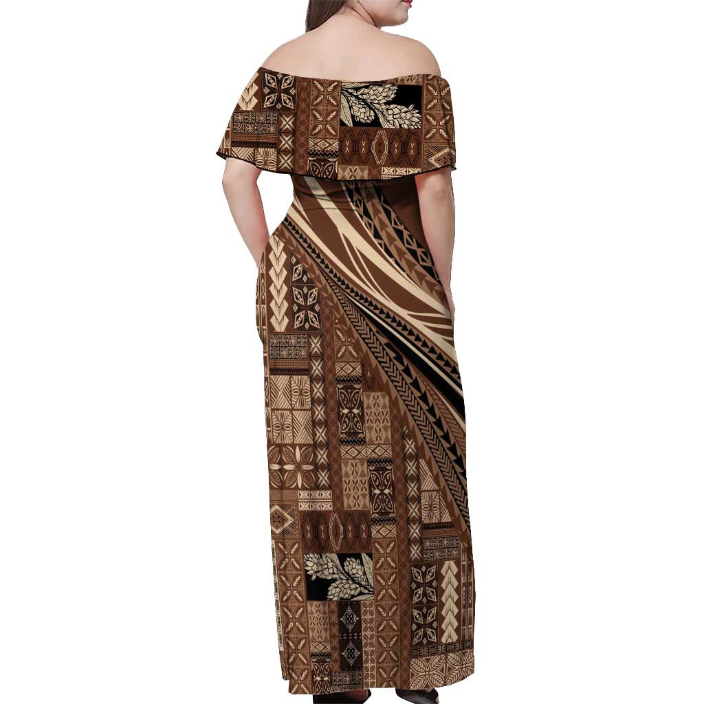 Pasifika Women's Day - Samoa Siapo Malu Tattoo Inspired Off Shoulder Maxi Dress Brown