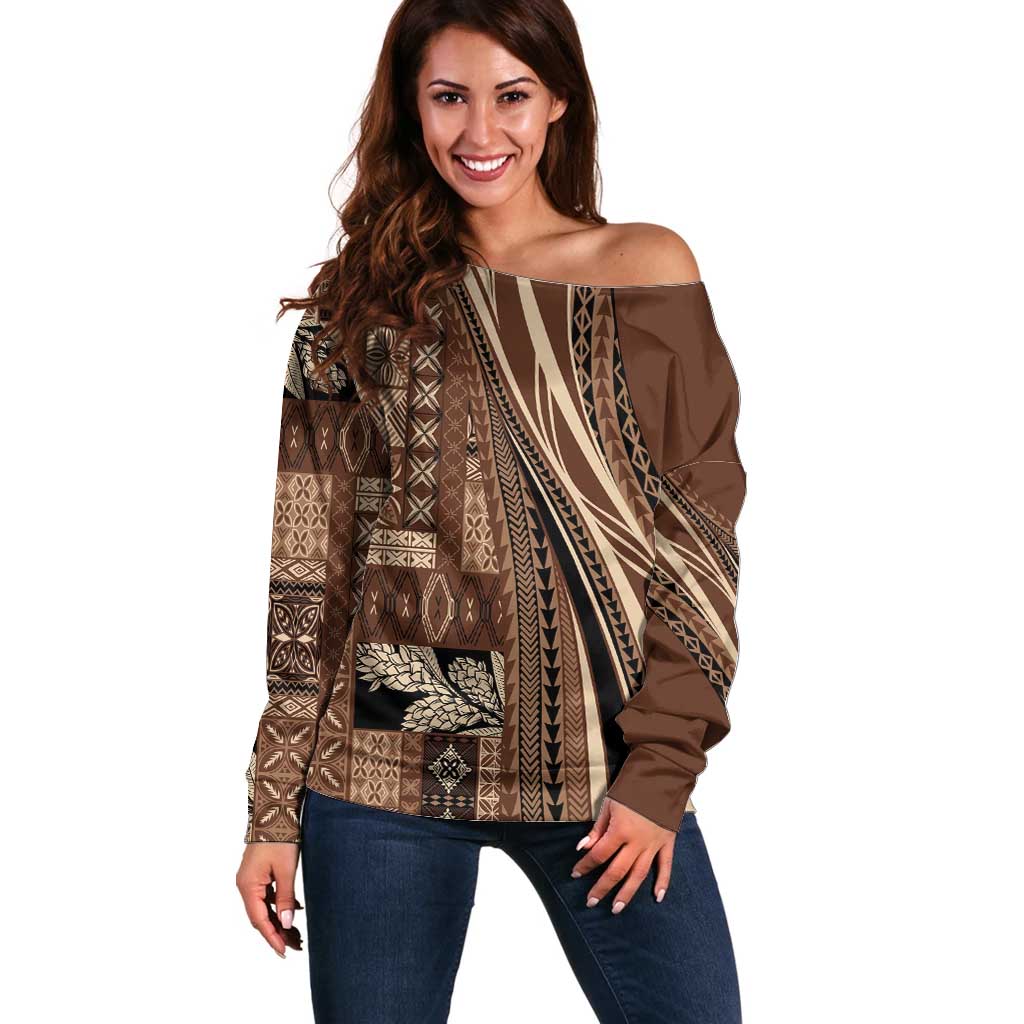 Pasifika Women's Day - Samoa Siapo Malu Tattoo Inspired Off Shoulder Sweater Brown