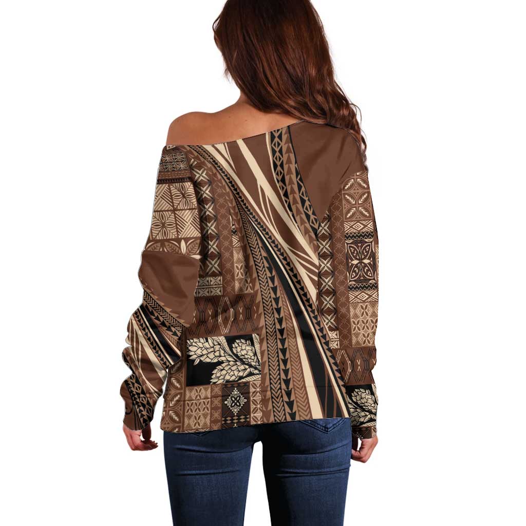 Pasifika Women's Day - Samoa Siapo Malu Tattoo Inspired Off Shoulder Sweater Brown