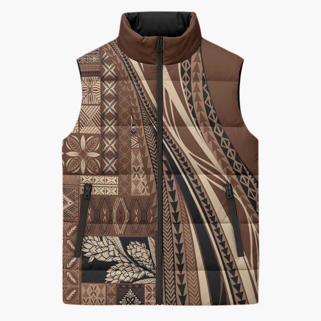 Pasifika Women's Day - Samoa Siapo Malu Tattoo Inspired Sleeveless Puffer Jacket Brown