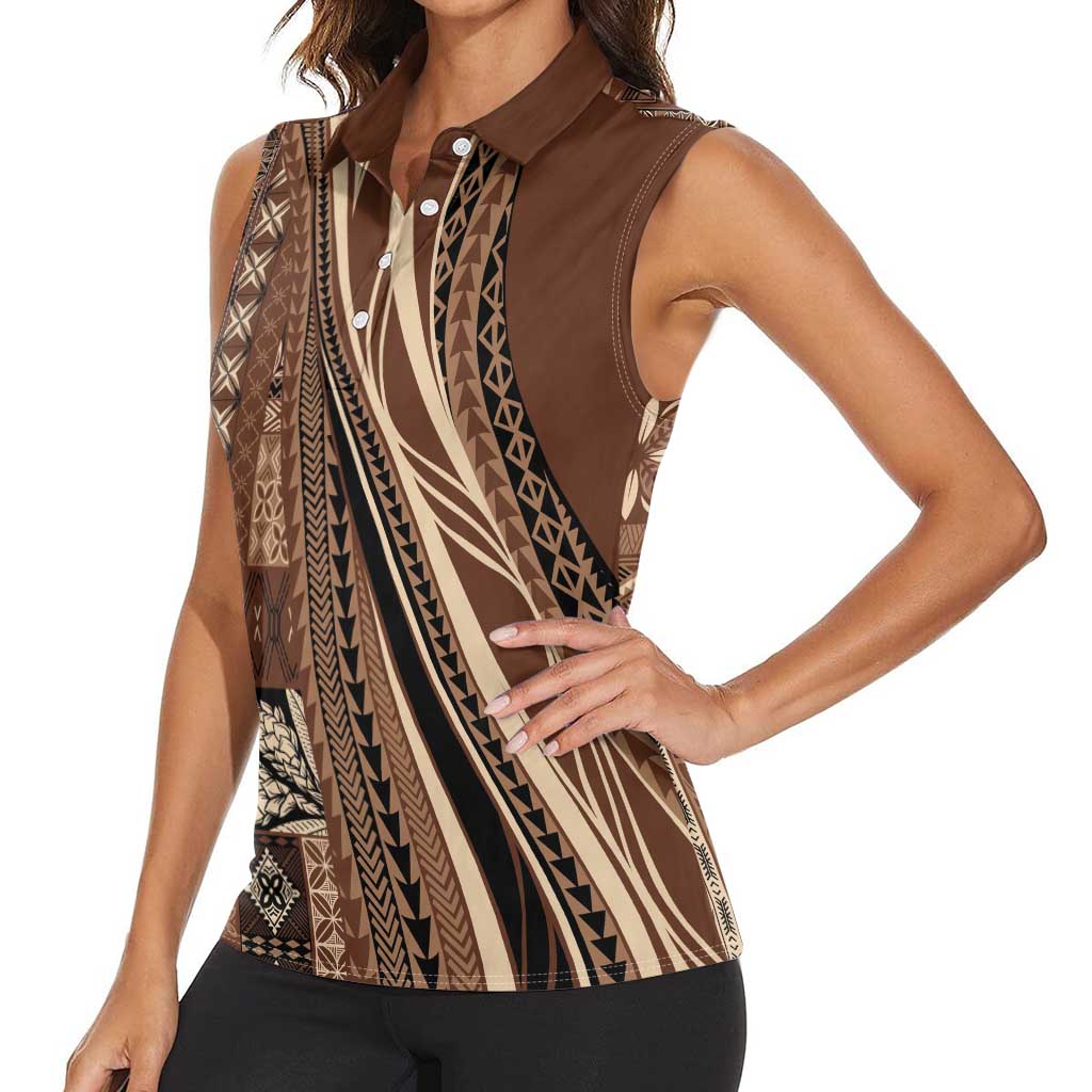 Pasifika Women's Day - Samoa Siapo Malu Tattoo Inspired Women Sleeveless Polo Shirt Brown