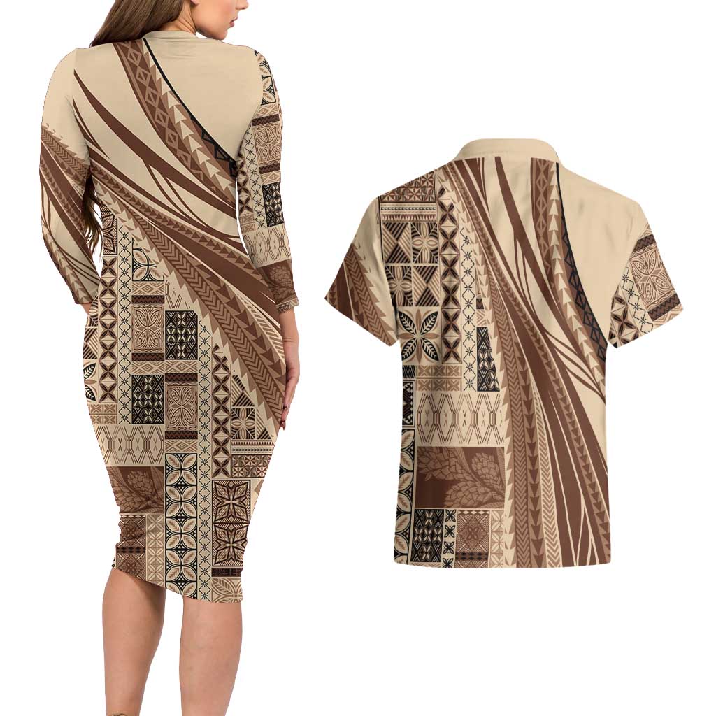 Pasifika Women's Day - Samoa Siapo Malu Tattoo Inspired Couples Matching Long Sleeve Bodycon Dress and Hawaiian Shirt Beige LT7 - Polynesian Pride