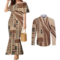 Pasifika Women's Day - Samoa Siapo Malu Tattoo Inspired Couples Matching Mermaid Dress and Long Sleeve Button Shirt Beige