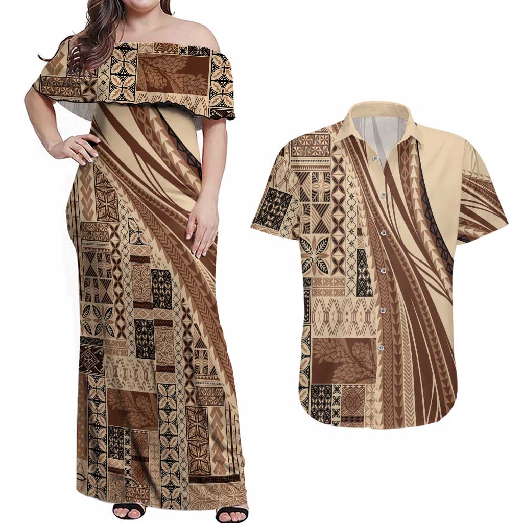 Pasifika Women's Day - Samoa Siapo Malu Tattoo Inspired Couples Matching Off Shoulder Maxi Dress and Hawaiian Shirt Beige