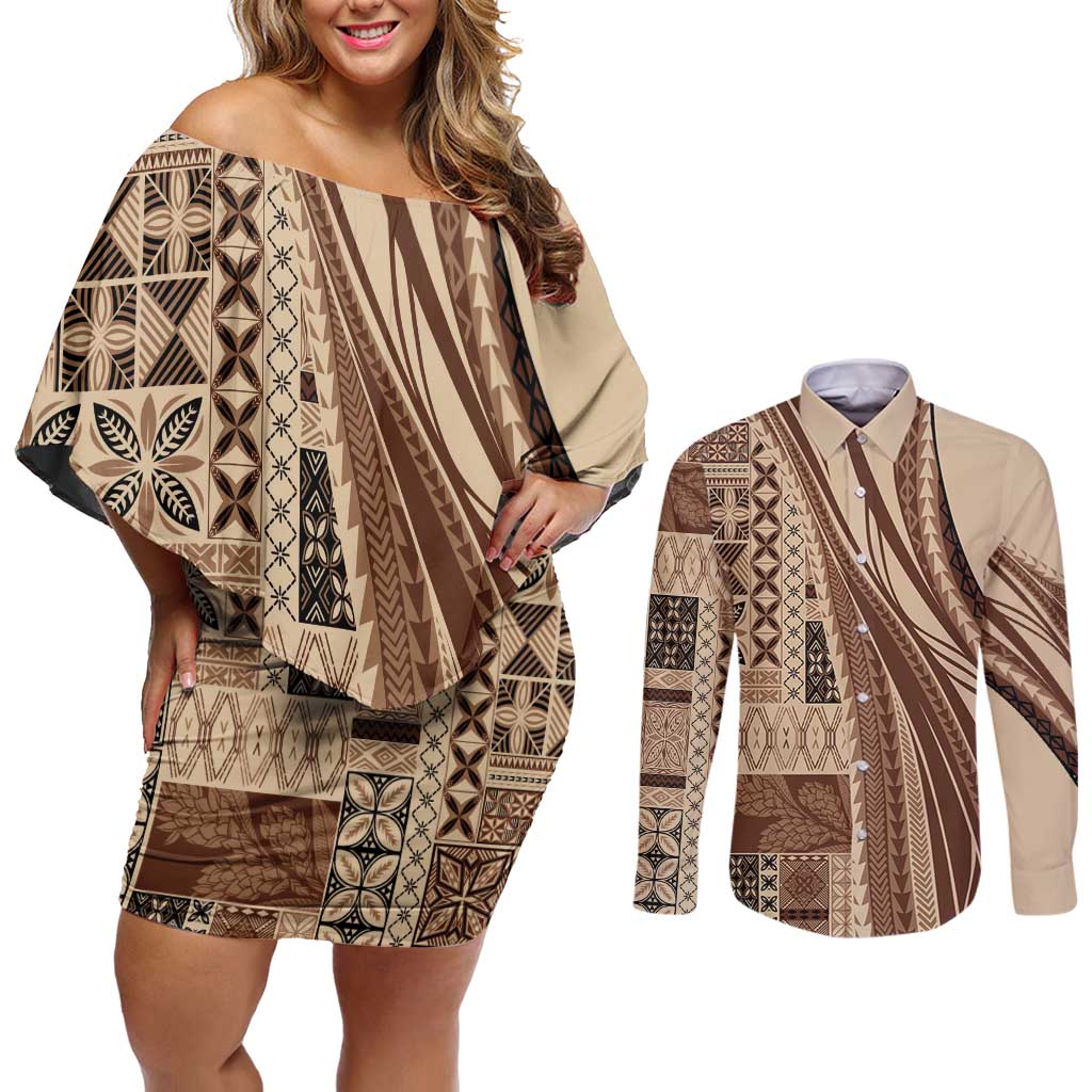 Pasifika Women's Day - Samoa Siapo Malu Tattoo Inspired Couples Matching Off Shoulder Short Dress and Long Sleeve Button Shirt Beige