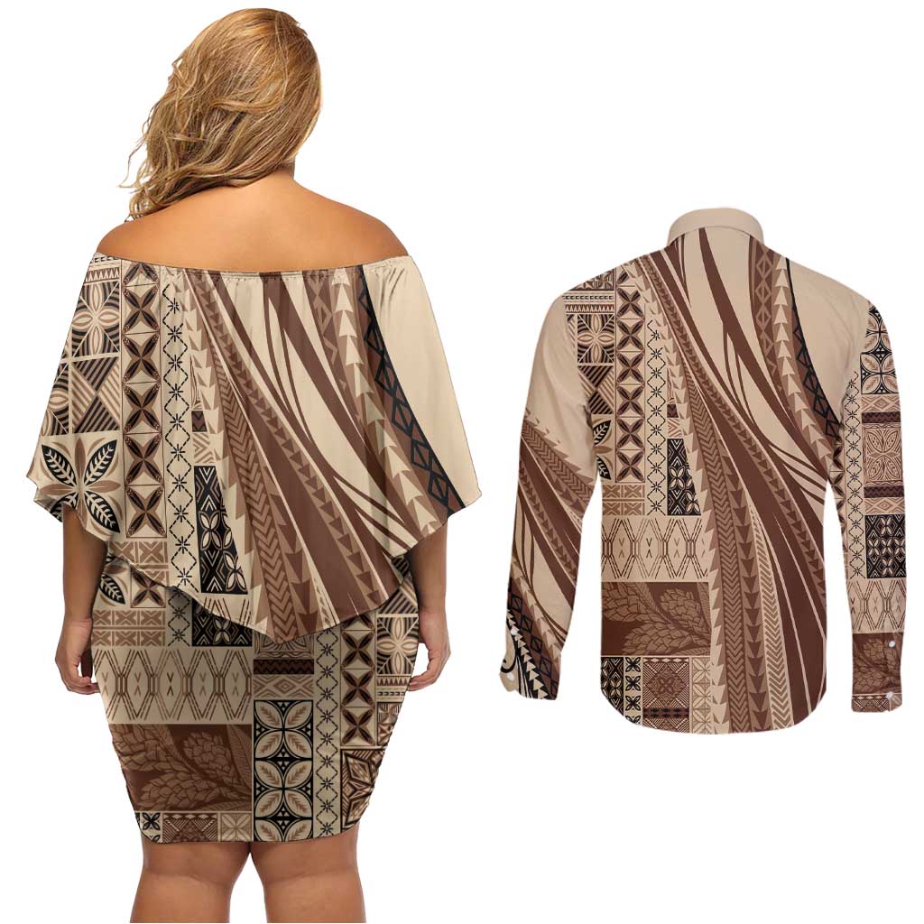 Pasifika Women's Day - Samoa Siapo Malu Tattoo Inspired Couples Matching Off Shoulder Short Dress and Long Sleeve Button Shirt Beige