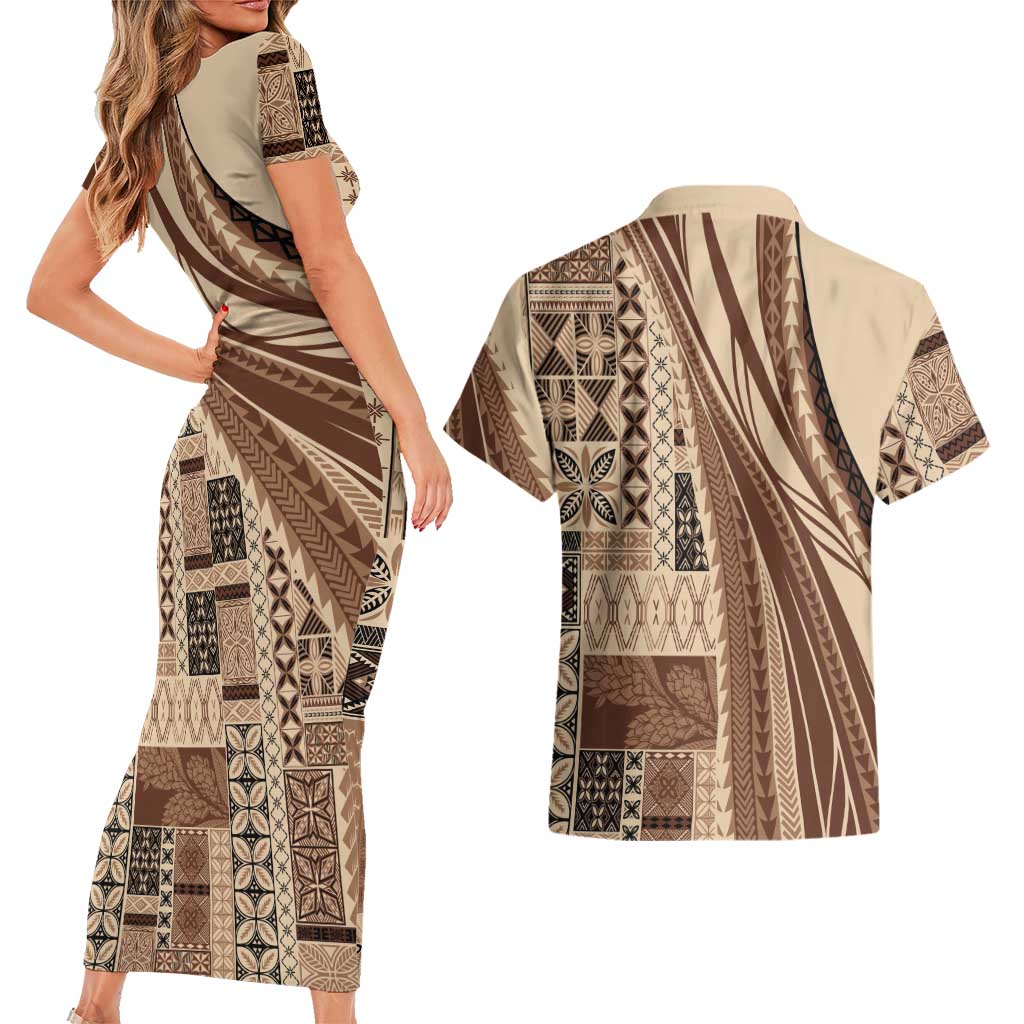 Pasifika Women's Day - Samoa Siapo Malu Tattoo Inspired Couples Matching Short Sleeve Bodycon Dress and Hawaiian Shirt Beige