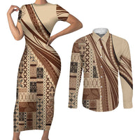 Pasifika Women's Day - Samoa Siapo Malu Tattoo Inspired Couples Matching Short Sleeve Bodycon Dress and Long Sleeve Button Shirt Beige
