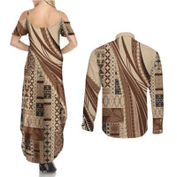 Pasifika Women's Day - Samoa Siapo Malu Tattoo Inspired Couples Matching Summer Maxi Dress and Long Sleeve Button Shirt Beige