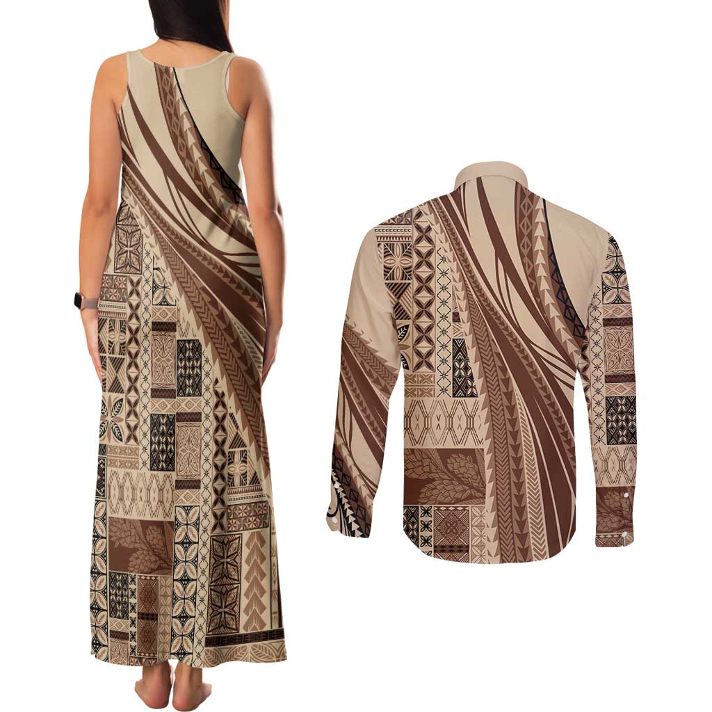 Pasifika Women's Day - Samoa Siapo Malu Tattoo Inspired Couples Matching Tank Maxi Dress and Long Sleeve Button Shirt Beige
