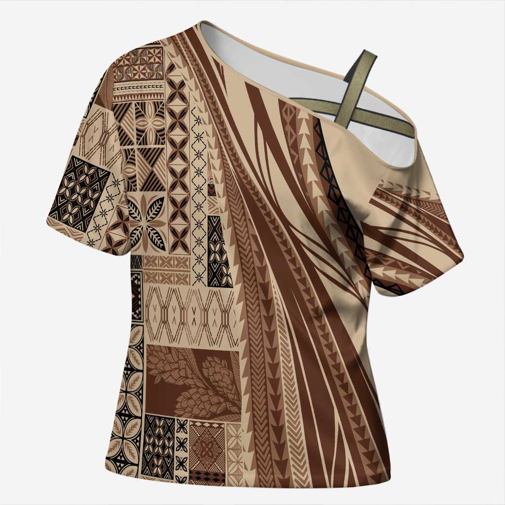Pasifika Women's Day - Samoa Siapo Malu Tattoo Inspired Cross Shoulder Shirt Beige