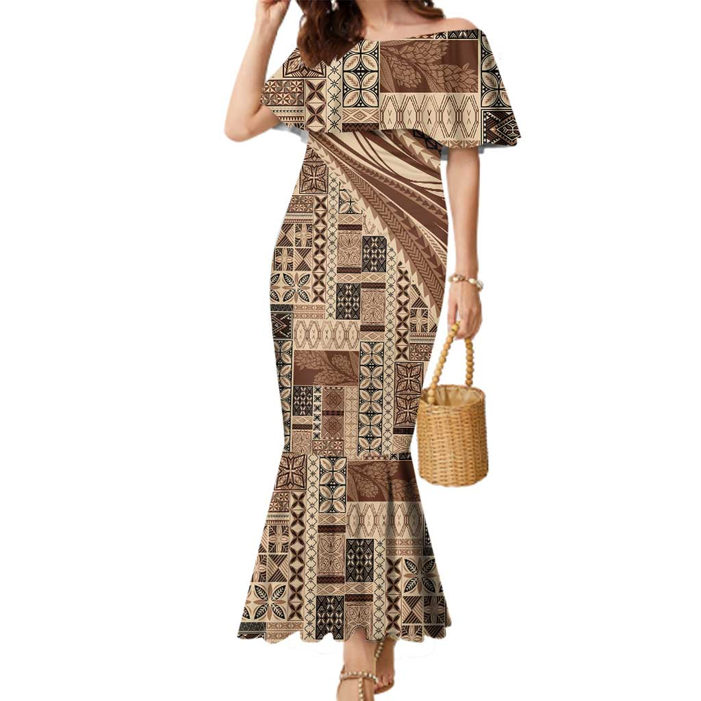 Pasifika Women's Day - Samoa Siapo Malu Tattoo Inspired Family Matching Mermaid Dress and Hawaiian Shirt Beige LT7 Mom's Dress Beige - Polynesian Pride