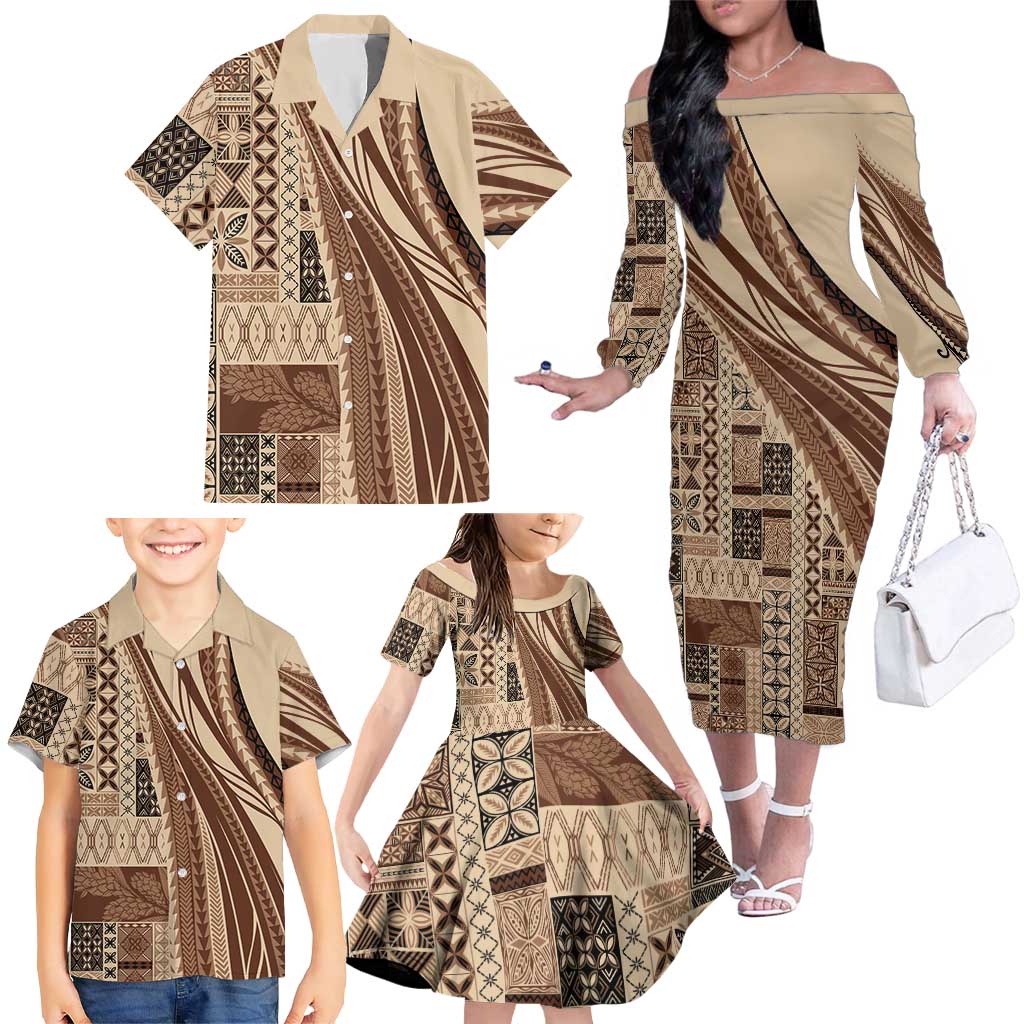 Pasifika Women's Day - Samoa Siapo Malu Tattoo Inspired Family Matching Off The Shoulder Long Sleeve Dress and Hawaiian Shirt Beige
