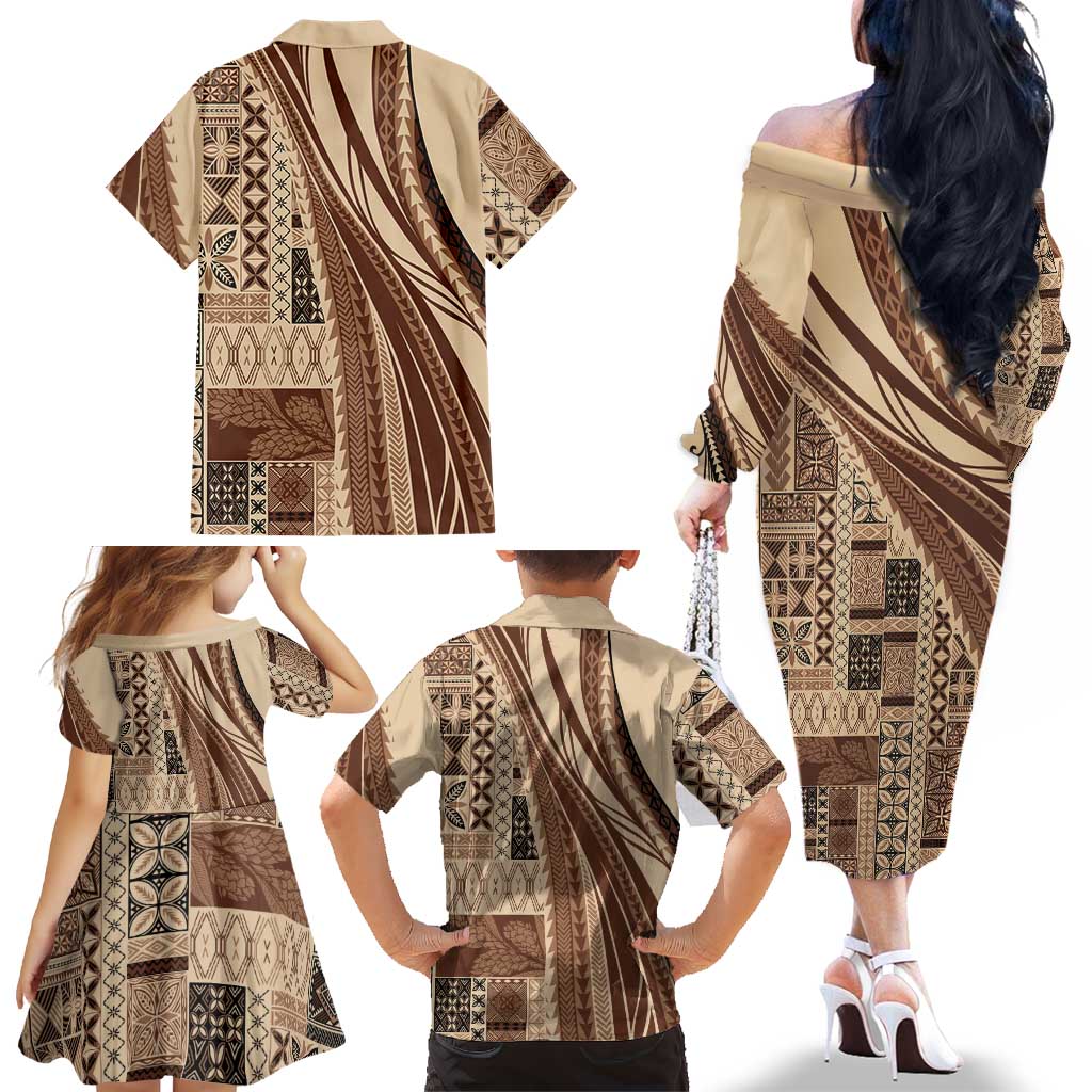 Pasifika Women's Day - Samoa Siapo Malu Tattoo Inspired Family Matching Off The Shoulder Long Sleeve Dress and Hawaiian Shirt Beige LT7 - Polynesian Pride