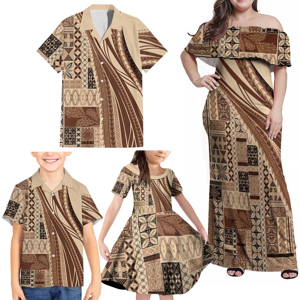 Pasifika Women's Day - Samoa Siapo Malu Tattoo Inspired Family Matching Off Shoulder Maxi Dress and Hawaiian Shirt Beige